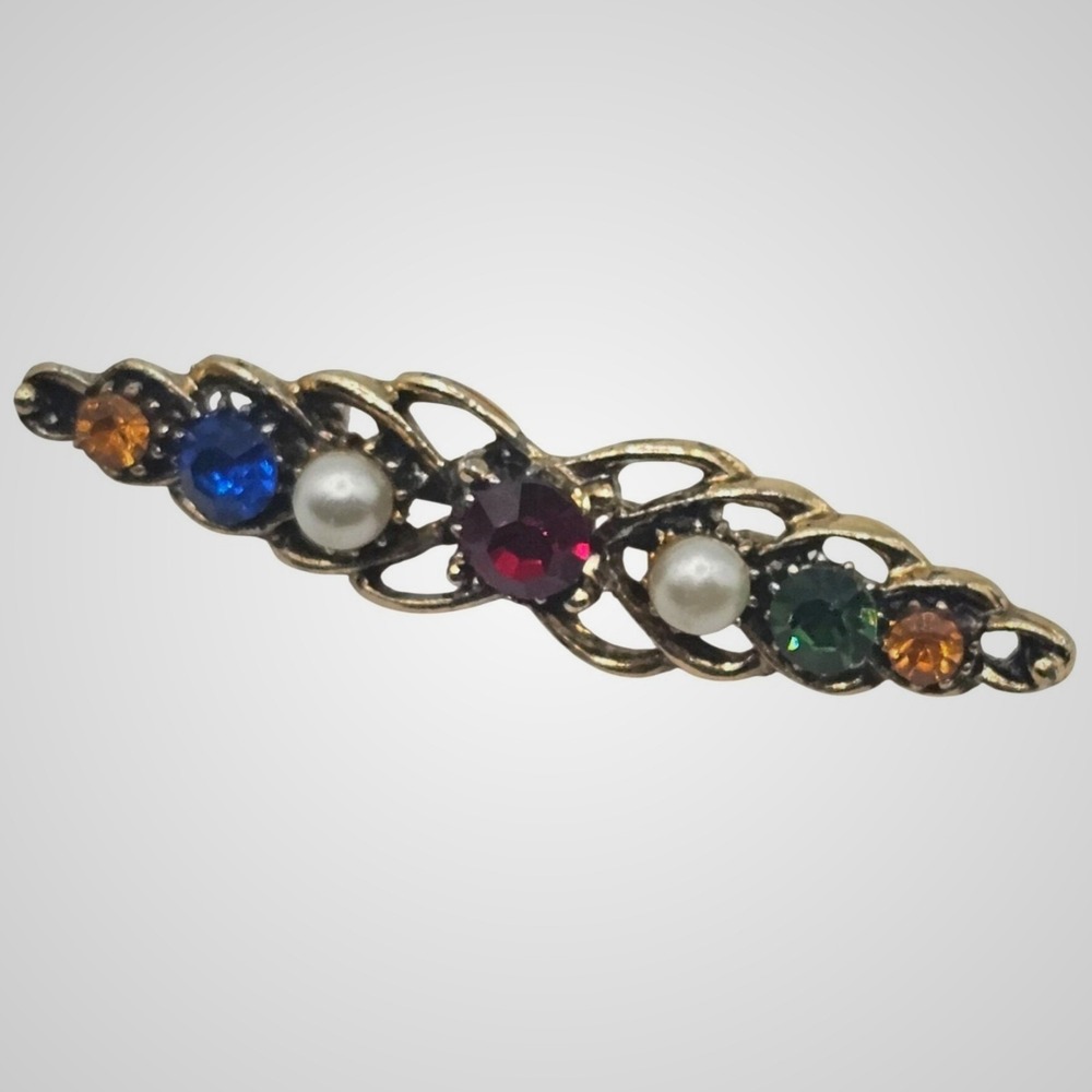 Vtg Bar Brooch Gold Tone Multicolor Rhinestone Faux Pearl Victorian‎ Revival Pin